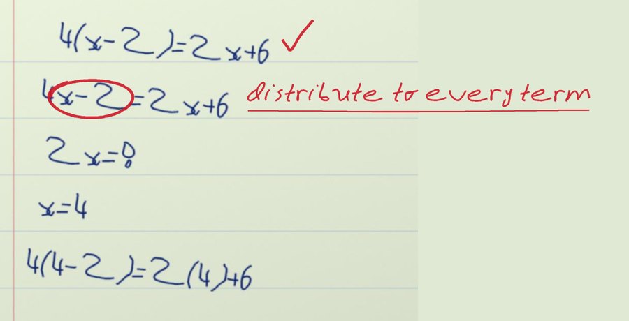 A handwritten notebook page returned with a tick on line 1, a red circle on line 2 and the handwritten note 'distribute to every term'